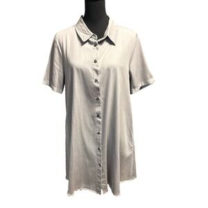 Easel Light Brown Short Sleeve Frayed Hem Collared Shirt Dress, Size Medium